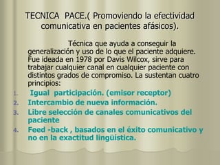 TECNICA PACE.( Promoviendo la efectividad
comunicativa en pacientes afásicos).
Técnica que ayuda a conseguir la
generalización y uso de lo que el paciente adquiere.
Fue ideada en 1978 por Davis Wilcox, sirve para
trabajar cualquier canal en cualquier paciente con
distintos grados de compromiso. La sustentan cuatro
principios:
1. Igual participación. (emisor receptor)
2. Intercambio de nueva información.
3. Libre selección de canales comunicativos del
paciente
4. Feed -back , basados en el éxito comunicativo y
no en la exactitud lingüística.
 