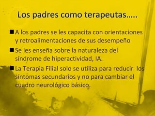 A los padres se les capacita con orientaciones
y retroalimentaciones de sus desempeño
Se les enseña sobre la naturaleza del
síndrome de hiperactividad, IA.
La Terapia Filial solo se utiliza para reducir los
síntomas secundarios y no para cambiar el
cuadro neurológico básico.
 