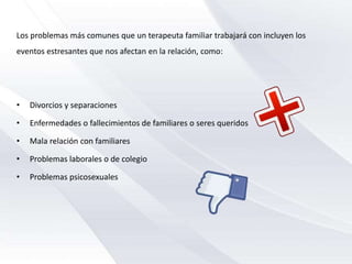 Los problemas más comunes que un terapeuta familiar trabajará con incluyen los
eventos estresantes que nos afectan en la relación, como:
• Divorcios y separaciones
• Enfermedades o fallecimientos de familiares o seres queridos
• Mala relación con familiares
• Problemas laborales o de colegio
• Problemas psicosexuales
 