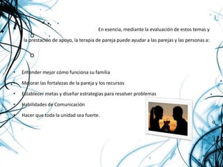 ,,En esencia, mediante la evaluación de estos temas y
la prestación de apoyo, la terapia de pareja puede ayudar a las parejas y las personas a:
• Entender mejor cómo funciona su familia
• Mejorar las fortalezas de la pareja y los recursos
• Establecer metas y diseñar estrategias para resolver problemas
• Habilidades de Comunicación
• Hacer que toda la unidad sea fuerte.
 