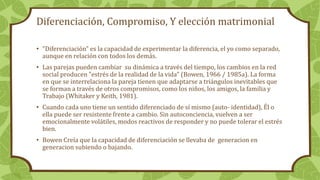 Diferenciación, Compromiso, Y elección matrimonial
• "Diferenciación" es la capacidad de experimentar la diferencia, el yo como separado,
aunque en relación con todos los demás.
• Las parejas pueden cambiar su dinámica a través del tiempo, los cambios en la red
social producen "estrés de la realidad de la vida" (Bowen, 1966 / 1985a). La forma
en que se interrelaciona la pareja tienen que adaptarse a triángulos inevitables que
se forman a través de otros compromisos, como los niños, los amigos, la familia y
Trabajo (Whitaker y Keith, 1981).
• Cuando cada uno tiene un sentido diferenciado de sí mismo (auto- identidad), Él o
ella puede ser resistente frente a cambio. Sin autoconciencia, vuelven a ser
emocionalmente volátiles, modos reactivos de responder y no puede tolerar el estrés
bien.
• Bowen Creía que la capacidad de diferenciación se llevaba de generacion en
generacion subiendo o bajando.
 
