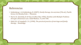 Referencias
• Goldenberg, I., & Goldenberg, H. (2007). Family therapy: An overview (7th ed.). Pacific
Grove, CA: Brooks/Cole— Thomson
• Hurst, N., Sawatzky, D. & Pare, D. (Nov/Dec 1996). Families with Multiple Problems
through a Bowenian Lens. Child Welfare, 75, 693-708.
• Odell, M., & Campbell, C. E. (1998). The practical practice of marriage and family
therapy . : Routledge.
 