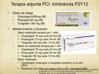 Terapia adjunta PCI: Inhibidores P2Y12
Dosis de carga
Clopidogrel 600mg (IB)
Prasugrel 60 mg (IB)
Ticagrelor 180 mg (IB)
Mantenimiento y duración
Stent medicado terapia por 1 año
Clopidogrel 75 mg cada 24 hrs (IB)
Proasugrel 10 mg cada 24 hrs (IB)
Ticagrelor 90 mg cada 12 hrs (IB)
Stent no medicado terapia por 1 año
Clopidogrel 75 mg cada 24 hrs (IB)
Proasugrel 10 mg cada 24 hrs (IB)
Ticagrelor 90 mg cada 12 hrs (IB)
Stent medicado
Clopidogrel, prasugrel o ticagrelos posterior a un año
(IIbC)
Pacientes con IAM con previo EVC o ATI: prasugrel (IIIB)1. Casey DE, Chung MK, Lemos JA De, et al. ACCF / AHA Guideline 2013 Guideline for
the Management of ST-Elevation Myocardial Infarction Task Force on Practice
Guidelines. 2013. doi:10.1161/CIR.0b013e3182742cf6.
 