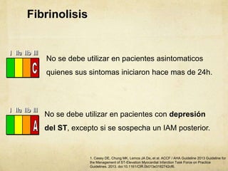 Fibrinolisis
No se debe utilizar en pacientes asintomaticos
quienes sus sintomas iniciaron hace mas de 24h.
No se debe utilizar en pacientes con depresión
del ST, excepto si se sospecha un IAM posterior.
III IIaIIaIIa IIbIIbIIb IIIIIIIIIIII IIaIIaIIa IIbIIbIIb IIIIIIIIIIII IIaIIaIIa IIbIIbIIb IIIIIIIIIIIaIIaIIa IIbIIbIIb IIIIIIIII
III IIaIIaIIa IIbIIbIIb IIIIIIIIIIII IIaIIaIIa IIbIIbIIb IIIIIIIIIIII IIaIIaIIa IIbIIbIIb IIIIIIIIIIIaIIaIIa IIbIIbIIb IIIIIIIII
1. Casey DE, Chung MK, Lemos JA De, et al. ACCF / AHA Guideline 2013 Guideline for
the Management of ST-Elevation Myocardial Infarction Task Force on Practice
Guidelines. 2013. doi:10.1161/CIR.0b013e3182742cf6.
 