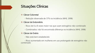 Situações Clínicas
 Câncer Colorretal
- Redução observada de 37% na incidência (WHI, 1998)
 Câncer de Endométrio
- Risco de 6 a 8 vezes maior nas que usam estrogênio não-combinado
- Combinados: não foi encontrada diferença na incidência (WHI, 1998)
 Câncer de Ovário
- Não está bem estabelecido
- Risco aumentado em mulheres em uso prolongado de estrogênio não
combinado
 