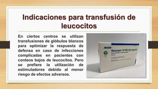 Indicaciones para transfusión de
leucocitos
En ciertos centros se utilizan
transfusiones de glóbulos blancos
para optimizar la respuesta de
defensa en caso de infecciones
complicadas en pacientes con
conteos bajos de leucocitos. Pero
se prefiere la utilización de
estimuladores debido al menor
riesgo de efectos adversos.
 
