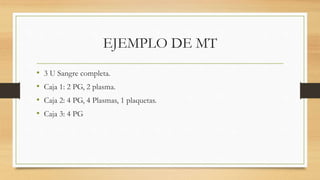 EJEMPLO DE MT
• 3 U Sangre completa.
• Caja 1: 2 PG, 2 plasma.
• Caja 2: 4 PG, 4 Plasmas, 1 plaquetas.
• Caja 3: 4 PG
 