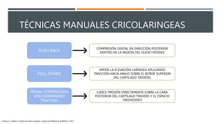 PUSH BACK
PULL DOWN
MEDIAL COMPRESSION
AND DOWNWARD
TRACTION
COMPRESIÓN DIGITAL EN DIRECCIÓN POSTERIOR
DENTRO DE LA REGIÓN DEL HUESO HIOIDES
IMPIDE LA ELEVACIÓN LARÍNGEA APLICANDO
TRACCIÓN HACIA ABAJO SOBRE EL BORDE SUPERIOR
DEL CARTÍLAGO TIROIDES
EJERCE PRESIÓN DIRECTAMENTE SOBRE LA CARA
POSTERIOR DEL CARTÍLAGO TIROIDES Y EL ESPACIO
TIROHIOIDEO
TÉCNICAS MANUALES CRICOLARINGEAS
Johnson J. Bailey’s Head and Neck Surgery. Lippincott Williams & Wilkins; 2013.
 