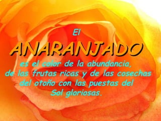 El  ANARANJADO   es el color de la  a bundancia,  de las frutas ricas y   de las cosechas del otoño con las puestas del  Sol gloriosas.   