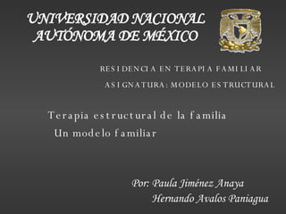Terapia estructural de la familia UNIVERSIDAD NACIONAL AUTÓNOMA DE MÉXICO RESIDENCIA EN TERAPIA FAMILIAR ASIGNATURA: MODELO ESTRUCTURAL Por: Paula Jiménez Anaya Un modelo familiar Hernando Avalos Paniagua 