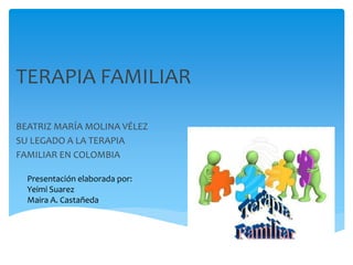 TERAPIA FAMILIAR 
BEATRIZ MARÍA MOLINA VÉLEZ 
SU LEGADO A LA TERAPIA 
FAMILIAR EN COLOMBIA 
Presentación elaborada por: 
Yeimi Suarez 
Maira A. Castañeda 
 