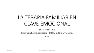 LA TERAPIA FAMILIAR EN 
CLAVE EMOCIONAL 
Dr. 
Esteban 
Laso 
Universidad 
de 
Guadalajara 
– 
CUCI 
/ 
Ins:tuto 
Tzapopan 
2014 
09/10/14 
© 
Dr. 
Esteban 
Laso 
Or:z 
– 
2014. 
 