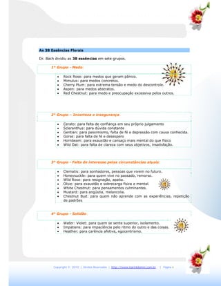 Copyright © 2010 | Direitos Reservados | http://www.karinklemm.com.br | Página 6
As 38 Essências Florais
Dr. Bach dividiu as 38 essências em sete grupos.
1° Grupo - Medo:
 Rock Rose: para medos que geram pânico.
 Mimulus: para medos concretos.
 Cherry Plum: para extrema tensão e medo do descontrole.
 Aspen: para medos abstratos.
 Red Chestnut: para medo e preocupação excessiva pelos outros.
2° Grupo – Incerteza e insegurança:
 Cerato: para falta de confiança em seu próprio julgamento
 Scleranthus: para dúvida constante
 Gentian: para pessimismo, falta de fé e depressão com causa conhecida.
 Gorse: para falta de fé e desespero
 Hornbeam: para exaustão e cansaço mais mental do que físico
 Wild Oat: para falta de clareza com seus objetivos, insatisfação.
3° Grupo - Falta de interesse pelas circunstâncias atuais:
 Clematis: para sonhadores, pessoas que vivem no futuro.
 Honeysuckle: para quem vive no passado, remorso.
 Wild Rose: para resignação, apatia.
 Olive: para exaustão e sobrecarga física e mental.
 White Chestnut: para pensamentos culminantes.
 Mustard: para angústia, melancolia.
 Chestnut Bud: para quem não aprende com as experiências, repetição
de padrões
4° Grupo - Solidão:
 Water: Violet: para quem se sente superior, isolamento.
 Impatiens: para impaciência pelo ritmo do outro e das coisas.
 Heather: para carência afetiva, egocentrismo.
 