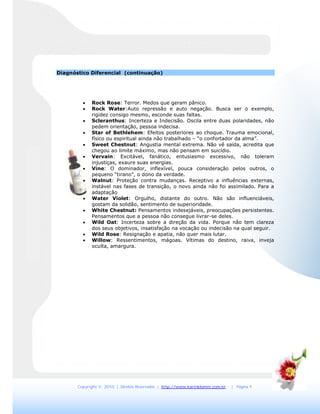Copyright © 2010 | Direitos Reservados | http://www.karinklemm.com.br | Página 9
Diagnóstico Diferencial (continuação)
 Rock Rose: Terror. Medos que geram pânico.
 Rock Water:Auto repressão e auto negação. Busca ser o exemplo,
rigidez consigo mesmo, esconde suas faltas.
 Scleranthus: Incerteza e Indecisão. Oscila entre duas polaridades, não
pedem orientação, pessoa indecisa.
 Star of Bethlehem: Efeitos posteriores ao choque. Trauma emocional,
físico ou espiritual ainda não trabalhado – “o confortador da alma”.
 Sweet Chestnut: Angustia mental extrema. Não vê saída, acredita que
chegou ao limite máximo, mas não pensam em suicídio.
 Vervain: Excitável, fanático, entusiasmo excessivo, não toleram
injustiças, exaure suas energias.
 Vine: O dominador, inflexível, pouca consideração pelos outros, o
pequeno “tirano”, o dono da verdade.
 Walnut: Proteção contra mudanças. Receptivo a influências externas,
instável nas fases de transição, o novo ainda não foi assimilado. Para a
adaptação
 Water Violet: Orgulho, distante do outro. Não são influenciáveis,
gostam da solidão, sentimento de superioridade.
 White Chestnut: Pensamentos indesejáveis, preocupações persistentes.
Pensamentos que a pessoa não consegue livrar-se deles.
 Wild Oat: Incerteza sobre a direção da vida. Porque não tem clareza
dos seus objetivos, insatisfação na vocação ou indecisão na qual seguir.
 Wild Rose: Resignação e apatia, não quer mais lutar.
 Willow: Ressentimentos, mágoas. Vítimas do destino, raiva, inveja
oculta, amargura.
 