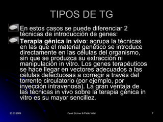 TIPOS DE TG En estos casos se puede diferenciar 2 t écnicas de introducción de genes:  Terapia génica in vivo : agrupa la técnicas en las que el material genético se introduce directamente en las células del organismo, sin que se produzca su extracción ni manipulación in vitro. Los genes terapéuticos se hace llegar en vectores adecuados a las células defectuosas a corregir a través del torrente circulatorio (por ejemplo, por inyección intravenosa). La gran ventaja de las técnicas in vivo sobre la terapia génica in vitro es su mayor sencillez.  