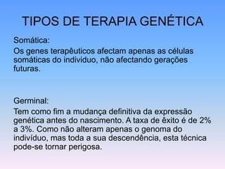 TIPOS DE TERAPIA GENÉTICA
Somática:
Os genes terapêuticos afectam apenas as células
somáticas do individuo, não afectando gerações
futuras.
Germinal:
Tem como fim a mudança definitiva da expressão
genética antes do nascimento. A taxa de êxito é de 2%
a 3%. Como não alteram apenas o genoma do
indivíduo, mas toda a sua descendência, esta técnica
pode-se tornar perigosa.
 
