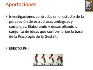 Aportaciones Investigaciones centradas en el estudio de la percepción de estructuras ambiguas y complejas. Elaborando y desarrollando un conjunto de ideas que conformarían la base de la Psicología de la Gestalt.  EFECTO PHI 