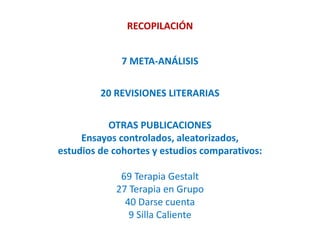 RECOPILACIÓN
7 META-ANÁLISIS
20 REVISIONES LITERARIAS
OTRAS PUBLICACIONES
Ensayos controlados, aleatorizados,
estudios de cohortes y estudios comparativos:
69 Terapia Gestalt
27 Terapia en Grupo
40 Darse cuenta
9 Silla Caliente
 