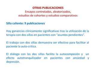 OTRAS PUBLICACIONES
Ensayos controlados, aleatorizados,
estudios de cohortes y estudios comparativos
Silla caliente: 9 publicaciones
Hay ganancias clínicamente significativas tras la utilización de la
terapia con dos sillas en pacientes con “asuntos pendientes”.
El trabajo con dos sillas demuestra ser efectivo para facilitar al
paciente la auto-crítica.
El diálogo con las dos sillas facilita la autocompasión y un
efecto autotranquilizador en pacientes con ansiedad y
depresión.
 