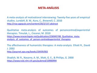 META-ANÁLISIS
A meta-analysis of motivational interviewing: Twenty-five years of empirical
studies. Lundahl, B. W., Kunz, C., Brownell, C. 2010
http://rsw.sagepub.com/content/20/2/137.abstract
Qualitative meta-analysis of outcomes of personcentred/experiential
therapies. Timulak, L., Creaner, M. 2010
https://www.researchgate.net/publication/236945748_Qualitative_meta-
analysis_of_outcomes_of_person-centredexperiential_therapies
The effectiveness of humanistic therapies: A meta-analysis. Elliott R., David
J. 2002
http://psycnet.apa.org/books/10439/002
Shadish, W. R., Navarro, A. M., Matt, G. E., & Phillips, G. 2000
https://www.ncbi.nlm.nih.gov/pubmed/10900994
 