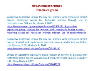 OTRAS PUBLICACIONES
Terapia en grupo
Supportive-expressive group therapy for women with metastatic breast
cancer: Improving access for Australian women through use of
teleconference. O’Brien, M., Harris, J. 2008
https://www.researchgate.net/publication/43509171_Supportive-
expressive_group_therapy_for_women_with_metastatic_breast_cancer_I
mproving_access_for_Australian_women_through_use_of_teleconference
Supportive-expressive group therapy for women with metastatic breast
cancer: Survival and psychosocial outcome from a randomized controlled
trial. Kissane, D. W., Grabsch, B. 2007
https://www.ncbi.nlm.nih.gov/pubmed/17385190
Effects of supportive-expressive group therapy on survival of patients with
metastatic breast cancer: A randomized prospective trial. Spiegel, D., Butler,
L. D., Giese-Davis, J. 2007
https://www.ncbi.nlm.nih.gov/pubmed/17647221
 
