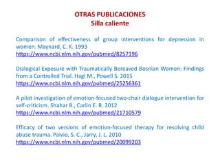 OTRAS PUBLICACIONES
Silla caliente
Comparison of effectiveness of group interventions for depression in
women. Maynard, C. K. 1993
https://www.ncbi.nlm.nih.gov/pubmed/8257196
Dialogical Exposure with Traumatically Bereaved Bosnian Women: Findings
from a Controlled Trial. Hagl M., Powell S. 2015
https://www.ncbi.nlm.nih.gov/pubmed/25256361
A pilot investigation of emotion-focused two-chair dialogue intervention for
self-criticism. Shahar B., Carlin E. R. 2012
https://www.ncbi.nlm.nih.gov/pubmed/21710579
Efficacy of two versions of emotion-focused therapy for resolving child
abuse trauma. Paivio, S. C., Jarry, J. L. 2010
https://www.ncbi.nlm.nih.gov/pubmed/20099203
 