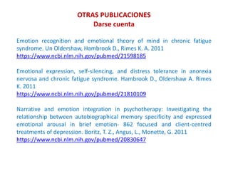 OTRAS PUBLICACIONES
Darse cuenta
Emotion recognition and emotional theory of mind in chronic fatigue
syndrome. Un Oldershaw, Hambrook D., Rimes K. A. 2011
https://www.ncbi.nlm.nih.gov/pubmed/21598185
Emotional expression, self-silencing, and distress tolerance in anorexia
nervosa and chronic fatigue syndrome. Hambrook D., Oldershaw A. Rimes
K. 2011
https://www.ncbi.nlm.nih.gov/pubmed/21810109
Narrative and emotion integration in psychotherapy: Investigating the
relationship between autobiographical memory specificity and expressed
emotional arousal in brief emotion- 862 focused and client-centred
treatments of depression. Boritz, T. Z., Angus, L., Monette, G. 2011
https://www.ncbi.nlm.nih.gov/pubmed/20830647
 