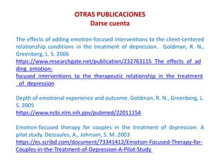 OTRAS PUBLICACIONES
Darse cuenta
The effects of adding emotion-focused interventions to the client-centered
relationship conditions in the treatment of depression. Goldman, R. N.,
Greenberg, L. S. 2006
https://www.researchgate.net/publication/232763115_The_effects_of_ad
ding_emotion-
focused_interventions_to_the_therapeutic_relationship_in_the_treatment
_of_depression
Depth of emotional experience and outcome. Goldman, R. N., Greenberg, L.
S. 2005
https://www.ncbi.nlm.nih.gov/pubmed/22011154
Emotion-focused therapy for couples in the treatment of depression: A
pilot study. Dessaules, A., Johnson, S. M. 2003
https://es.scribd.com/document/73341412/Emotion-Focused-Therapy-for-
Couples-in-the-Treatment-of-Depression-A-Pilot-Study
 
