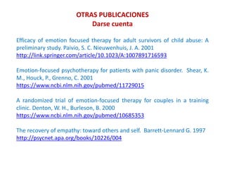 OTRAS PUBLICACIONES
Darse cuenta
Efficacy of emotion focused therapy for adult survivors of child abuse: A
preliminary study. Paivio, S. C. Nieuwenhuis, J. A. 2001
http://link.springer.com/article/10.1023/A:1007891716593
Emotion-focused psychotherapy for patients with panic disorder. Shear, K.
M., Houck, P., Grenno, C. 2001
https://www.ncbi.nlm.nih.gov/pubmed/11729015
A randomized trial of emotion-focused therapy for couples in a training
clinic. Denton, W. H., Burleson, B. 2000
https://www.ncbi.nlm.nih.gov/pubmed/10685353
The recovery of empathy: toward others and self. Barrett-Lennard G. 1997
http://psycnet.apa.org/books/10226/004
 