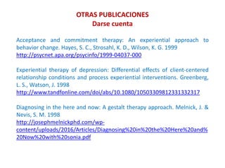 OTRAS PUBLICACIONES
Darse cuenta
Acceptance and commitment therapy: An experiential approach to
behavior change. Hayes, S. C., Strosahl, K. D., Wilson, K. G. 1999
http://psycnet.apa.org/psycinfo/1999-04037-000
Experiential therapy of depression: Differential effects of client-centered
relationship conditions and process experiential interventions. Greenberg,
L. S., Watson, J. 1998
http://www.tandfonline.com/doi/abs/10.1080/10503309812331332317
Diagnosing in the here and now: A gestalt therapy approach. Melnick, J. &
Nevis, S. M. 1998
http://josephmelnickphd.com/wp-
content/uploads/2016/Articles/Diagnosing%20in%20the%20Here%20and%
20Now%20with%20sonia.pdf
 