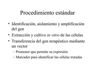 Procedimiento estándar Identificación, aislamiento y amplificación del gen Extracción y cultivo  in vitro  de las células Transferencia del gen terapéutico mediante un vector Promotor que permite su expresión  Marcador para identificar las células tratadas 