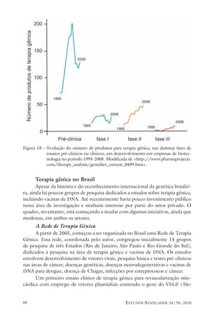 estudos avançados 24 (70), 2010
60
Figura 18 – Evolução do número de produtos para terapia gênica, nas distintas fases de
ensaios pré-clínicos ou clínicos, em desenvolvimento em empresas de biotec-
nologia no período 1995-2008. Modificada de <http://www.pharmaprojects.
com/therapy_analysis/genether_current_0409.htm>.
Terapia gênica no Brasil
Apesar da história e do reconhecimento internacional da genética brasilei-
ra, ainda há poucos grupos de pesquisa dedicados a estudos sobre terapia gênica,
incluindo vacinas de DNA. Até recentemente havia pouco investimento público
nessa área de investigação e nenhum interesse por parte do setor privado. O
quadro, no entanto, está começando a mudar com algumas iniciativas, ainda que
modestas, em ambos os setores.
A Rede de Terapia Gênica
A partir de 2005, começou a ser organizada no Brasil uma Rede de Terapia
Gênica. Essa rede, coordenada pelo autor, congregou inicialmente 14 grupos
de pesquisa de três Estados (Rio de Janeiro, São Paulo e Rio Grande do Sul),
dedicados à pesquisa na área de terapia gênica e vacinas de DNA. Os estudos
envolvem desenvolvimento de vetores virais, pesquisa básica e testes pré-clínicos
nas áreas de câncer, doenças genéticas, doenças neurodegenerativas e vacinas de
DNA para dengue, doença de Chagas, infecções por estreptococos e câncer.
Um primeiro ensaio clínico de terapia gênica para revascularização mio-
cárdica com emprego de vetores plasmidiais contendo o gene do VEGF (Vas-
 