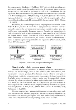 estudos avançados 24 (70), 2010
34
dos pelas doenças (Cardone, 2007; Flotte, 2007). As principais estratégias são
aumentar a resistência celular, estimular sistemas de reparo ou regeneração, ou
ainda recompor características funcionais específicas de determinados sistemas
orgânicos, mediante modulação de genes não necessariamente associados à cau-
sa da doença (Bagley et al., 2008; Lundberg et al., 2008). Já no caso de tumores,
o principal objetivo é a indução de morte celular seletiva em populações celula-
res proliferativas (Bauzon & Hermiston, 2008; Cattaneo et al., 2008; Ribacka
et al., 2008).
Finalmente, há uma forma peculiar de terapia gênica denominada vacina
de DNA. Nessa, ao invés da utilização de uma proteína ou um vírus completo
inativado, como se faz nas vacinas convencionais, o paciente recebe o gene que
codifica uma proteína típica do agente agressor. Dessa forma, o organismo do
paciente passará a fabricar permanentemente a proteína exógena, estimulando
seu próprio sistema imune. Essas vacinas podem ter finalidade preventiva, de
forma semelhante às vacinas clássicas, ou curativa, levando o sistema imune a
atacar os agentes agressores já instalados no organismo (Atkins et al., 2008,
Sykes, 2008; Silva et al., 2009).
Figura 1 – Modalidades principais de terapia gênica.
Terapia celular, células-tronco e terapia gênica
As células-tronco são, atualmente, o principal assunto de natureza médica
na mídia. Ao mesmo tempo, criou-se certa confusão entre células-tronco, tera-
pias celulares e terapias genéticas. Nas chamadas terapias celulares, empregam-se
células inteiras para tratar uma doença, com base nas propriedades regenerativas
de células-tronco ou em outros efeitos, a maior parte dos quais ainda não ex-
plicados, das células transplantadas. O exemplo clássico, cuja fundamentação é
bem conhecida, é o de leucemias, mas há expectativa de que muitas classes de
doenças possam vir a ser tratadas com emprego de terapias celulares nos próxi-
mos anos (Torrente & Polli, 2008; Gribben, 2008; Einstein & Ben-Hur, 2008;
Reffelmann et al., 2008).
No presente contexto, é importante frisar que terapias celulares não envol-
vem necessariamente modificação genética. Já as terapias gênicas são baseadas
na introdução ou modificação de genes. Isso pode ser feito diretamente in vivo,
sem o auxílio de células inteiras do próprio paciente ou de doadores.
 