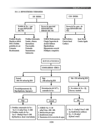 TERAPIA INTENSIVA

        20.1.3. HIPONATREMIA VERDADERA

                                      SIN EDEMA                                            CON EDEMA




             Pérdida de Na+ > que                   Exceso de agua total                Exceso de Na+ pero > de
             de agua DEPLECIÓN                      EXPANSIÓN MO                        Agua EXPANSIÓN DEL
             DEL VEC                                DERADA DEL VEC                      VEC



Pérdidas Renales            Pérdidas Extrarenales      SSIHAD Medicamentos       Sind Nefrótico         Insuf. Renal
Diuréticos deficit          Vomito y diarrea           Cirugia Supresión de      Cirrosis Insuf.        Cronica Aguda
DOCA Nefritits              Quemaduras                 alcohol Addison           Cardiaca
perdedira de sal.           Pancreantitis              Hipotiroidismo
Cetonuria                   Peritonitis                Hiponatremia esencial
Bicarbonaturia              Traumatismos               Polidipsis compulsiva
                            Sudoración



                                                      HIPONATREMIA


                                                     OSMOLARIDAD SÉRICA




          Normal                                    Baja                                      Alta >295 mOsm/kg H20
          280-295 mOsm/kg H20                       <280 mOsm/kg H20



        Pseudohiponatremia (Ej.                     Determinación del ACT y                 1. No solutos de Na + (Ej.
        Hiperlipidemia, hiperprot.)                 contenido de Na+                        Glucosa, manitol)




                     Bajo                                      normal                                  alto


 1. Pérdidas extrarenales de Na+:             1. SSIHAD: Na+ U>30
    Na+U<15 mEq/l Osm. U>400                     mEq/l Osm.>300- 400.                    1. Na+ U <15mEq/l Osm U>400
 2. Pérdidas renales de Na+:                  2. Intoxicación por agua.                     (ej. Insuficiencia cardiaca).
    Na+U >30mEq/l Osm U<300                   3. Insuficiencia renal.                    2. Na + U>30 mEq/l
   (Ej.Diuréticos, Insuf. renal tubular.      4. Transtornos de la excreción de agua.       (Ej.Insuf. renal.)

                                                               106
 