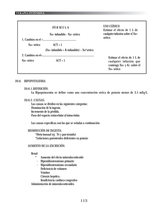 TERAPIA INTENSIVA




                                         FÓ R M U L A                                            USO CLÍNICO
                                                                                                 Estimar el efecto de 1 L de
                                      Na+ infundido - Na+ sérico                                 cualquier infusión sobre el Na+
                                                                                                 sérico.
    1. Cambios en el =...............................................
           Na+ sérico                     ACT + 1
                                 (Na+ infundido + K+infundido) – Na*sérico
    2. Cambios en el=.........................................................................
                                                                                                     Estimar el efecto de 1 L de
    Na+ sérico                                ACT + 1                                                cualquier infusión que
                                                                                                     contenga Na+ y K+ sobre el
                                                                                                     Na+ sérico


20.6. HIPOPOTASEMIA

      20.6.1.DEFINICIÓN:
           La Hipopotasemia se define como una concentración sérica de potasio menor de 3.5 mEq/L.

      20.6.2. CAUSAS:
           Las causas se dividen en las siguientes categorías:
           Disminución de la ingesta.
           Incremento de la pérdida.
           Paso del espacio extracelular al intraceiular.

               Las causas específicas son las que se señalan a continuación:

           DISMINUCIÓN DE INGESTA:
                *Dieta inusual (ej. Té y pan tostado)
                *Soluciones parenterales deficientes en potasio

           AUMENTO DE LA EXCRECIÓN:

               Renal
                  * Aumento del efecto mineralocorticoide
                   - Hiperaldosteronismo primario
                   - Hiperaldosteronismo secundario
                      Deficiencia de volumen
                      Vómitos
                      Cirrosis hepática
                      Insuficiencia cardiaca congestiva
               Administración de mineralocorticoides




                                                                            113
 