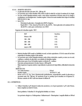 TERAPIA INTENSIVA

      43.4.6.DIABETES MELLITUS:
           • La glucemia deseada está entre 120 – 200 mg /dl.
           • Los pacientes que reciben Insulina NPH, deben recibir la mitad de su dosis la mañana de la cirugía.
           • Los que reciben hipoglucemiantes orales, estos deben suspenderse 48 horas antes de la cirugía y
             acompañarse con hemaglucotest / insulina regular. Si fuera necesario instituir dosis bajas de insulina
             NPH (10-20 U.I./ día).
           • En la U.T.I.:
               - Determinar la glucemia y hemoglucotest (HGT) al ingreso.
               - Repetir HGT c / 4 hrs. hasta las 8 hrs del 1er. día, del P.O. . Nueva glucemia en la mañana del 1er.
                   día del P.O. o antes para correlacionar con el HGT.

           Esquema de la Insulina regular / HGT :

                           HGT                                                   Insulina
                           Menor a 160                                           0 UI.
                           160 – 200                                             3 UI.
                           200 – 300                                             5 UI.
                           300 – 500                                             8 UI.
                           mayor a 500                                           12 UI.



           • Reiniciar Insulina NPH cuando se habilitala vía oral, en dosis equivalente a 2/3 de la suma de las dosis
             reqiueridas de Insulina regular el día anterior.
           • Los pacientes que reciben hipoglucemiantes orales deben reiniciarlos cuando ya esten con vía oral,
             conforme a controles de glucemia y necesidades de Insiulina regular.
           • Indicaciones para el uso de Insulina regular en infusión IV., contínua :
           - Glucemias permanentemente elevadas (mayor a 400 mg/dl).
           - Mala respuesta al esquema anterior. (especialmente en presencia de bajo débito y dificultad de absorción
             SC.)
           MODO DE USO:
           - Sol, Salina Isotónica ....................................................... 250 ml
           - Insulina regular................................................................. 50 UI (0,2 U / ml).
           - Iniciar con 0.1 UI / kg / hora; disminuyendo gradualmente; suspendiendo cuando la glucemia se
             encuentre entre 250 –300 mg / dl, momento en que se sustituye por la insulina en el esquema SC.
           - Efectuar controles de HGT cada hora durante la infision IV.

43.5. ANTIBIÓTICOS :

           1. Utilizar Cefazolina 1g IV durante la inducción anestésica y en el post operatorio 1 g IV cada 8 horas,
              hasta completar un total de 6 dosis.

                Dosis pediátrica: Cefazolina 25-50 mg/kg/dia divididas en 3 dosis.

                Los pacientes alérgicos a Cefalosporinas: Sulfametoxazol + Trimetoprima 1 ampolla diluida en 200 ml


                                                        192
 