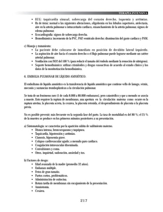 TERAPIA INTENSIVA

      • ECG: taquicardia sinusal, sobrecarga del corazón derecho, isquemia y arritmias.
      • Rx de tórax: normal o las siguientes alteraciones, oligohemia en los lóbulos superiores, atelectasia,
        aire en la arteria pulmonar o intracavitario cardiaco, ensanchamiento de la arteria pulmonar, signos de
        edema pulmonar.
      • Ecocardiografía: signos de sobrecarga derecha.
      • Hemodinámica: incremento de la PVC, PAP, ventrículo derecho; disminución del gasto cardiaco y PAM.

c) Manejo y tratamiento:
     • La paciente debe colocarse de inmediato en posición de decúbito lateral izquierdo.
     • La aspiración de aire hacia el corazón derecho o el flujo pulmonar puede lograrse mediante un catéter
         arterial pulmonar.
     • Ventilación con FiO2 del 100 % (para reducir el tamaño del émbolo mediante la remoción de nitrógeno).
     • Soporte hemodinámico: utilizar cristaloides y drogas vasoactivas de acuerdo al estado clínico y los
         datos de la monitorización hemodinámica.

6. EMBOLIA PULMONAR DE LÍQUIDO AMNIÓTICO:

El embolismo de líquido amniótico es la transferencia de líquido amniótico que contiene vello de lanugo, vérnix,
meconio y sustancias tromboplásticas a la circulación pulmonar.

Se trata de un fenómeno raro (1 de cada 8.000 a 80.000 embarazos), pero catastrófico y que a menudo se asocia
a muerte. Esto requiere la ruptura de membranas, una apertura en la circulación materna como ocurre en la
ruptura uterina, la placenta acreta, la cesárea, la placenta retenida, el desprendimiento de placenta o la placenta
previa.

No es posible prevenir; más frecuente en la segunda fase del parto. La tasa de mortalidad es del 80 %; el 25 %
de la muertes se produce en los primeros minutos posteriores a su presentación.

a) Sintomatología: se caracteriza por la aparición súbita de sufrimiento materno.
       • Disnea intensa, broncoespasmo y taquipnea.
       • Taquicardia, hipotensión y arrítmias.
       • Cianosis, hipoxemia grave.
       • Colapso cardiovascular agudo; a menudo paro cardiaco.
       • Coagulación intravascular diseminada.
       • Convulsiones y coma.
       • Otros. inquietud, sudoración, ansiedad y tos.

b) Factores de riesgo:
      • Edad avanzada de la madre (promedio 32 años).
      • Embarazo múltiple.
      • Fetos de gran tamaño.
      • Partos cortos, problemáticos.
      • Administración de oxitocina.
      • Rotura tardía de membranas sin encajamiento de la presentación.
      • Amniotomía.
      • Cesárea.


                                                    217
 
