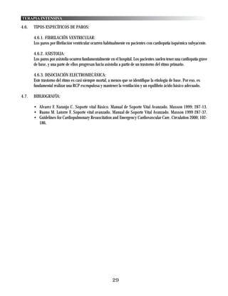 TERAPIA INTENSIVA

4.6.   TIPOS ESPECÍFICOS DE PAROS:

       4.6.1. FIBRILACIÓN VENTRICULAR:
       Los paros por fibrilación ventricular ocurren habitualmente en pacientes con cardiopatía isquémica subyacente.

       4.6.2. ASISTOLIA:
       Los paros por asistolia ocurren fundamentalmente en el hospital. Los pacientes suelen tener una cardiopatía grave
       de base, y una parte de ellos progresan hacia asistolia a partir de un trastorno del ritmo primario.

       4.6.3. DISOCIACIÓN ELECTROMECÁNICA:
       Este trastorno del ritmo es casi siempre mortal, a menos que se identifique la etiología de base. Por eso, es
       fundamental realizar una RCP escrupulosa y mantener la ventilación y un equilibrio ácido básico adecuado.

4.7.   BIBLIOGRAFÍA:

       • Alvarez F. Naranjo C. Soporte vital Básico. Manual de Soporte Vital Avanzado. Masson 1999; 287-13.
       • Ruano M. Latorre F. Soporte vital avanzado. Manual de Soporte Vital Avanzado. Masson 1999 287-37.
       • Guidelines for Cardiopulmonary Resuscitation and Emergency Cardiovascular Care. Circulation 2000; 102-
         186.




                                                          29
 