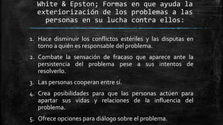 White & Epston; Formas en que ayuda la
exteriorización de los problemas a las
personas en su lucha contra ellos:
1. Hace disminuir los conflictos estériles y las disputas en
torno a quién es responsable del problema.
2. Combate la sensación de fracaso que aparece ante la
persistencia del problema pese a sus intentos de
resolverlo.
3. Las personas cooperan entre sí.
4. Crea posibilidades para que las personas actúen para
apartar sus vidas y relaciones de la influencia del
problema.
5. Ofrece opciones para diálogo sobre el problema.
 