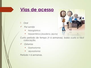 Vias de acesso
 Oral
 Por sonda
 Nasogástrica
 Nasoentérica (duodeno, jejuno)
Curto período de tempo (< 6 semanas), baixo custo e fácil
colocação.
 Ostomia
 Gastrostomia
 Jejunostomia
Período > 6 semanas.
 
