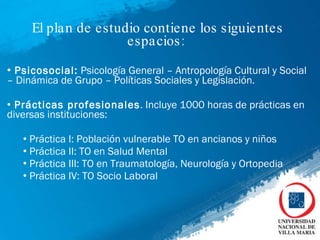 El plan de estudio contiene los siguientes espacios:  Psicosocial:  Psicología General – Antropología Cultural y Social – Dinámica de Grupo – Políticas Sociales y Legislación.  Prácticas profesionales . Incluye 1000 horas de prácticas en diversas instituciones:  Práctica I: Población vulnerable TO en ancianos y niños  Práctica II: TO en Salud Mental  Práctica III: TO en Traumatología, Neurología y Ortopedia Práctica IV: TO Socio Laboral  