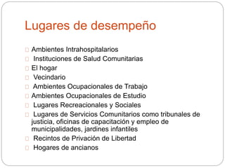 Lugares de desempeño
Ambientes Intrahospitalarios
Instituciones de Salud Comunitarias
El hogar
Vecindario
Ambientes Ocupacionales de Trabajo
Ambientes Ocupacionales de Estudio
Lugares Recreacionales y Sociales
Lugares de Servicios Comunitarios como tribunales de
justicia, oficinas de capacitación y empleo de
municipalidades, jardines infantiles
Recintos de Privación de Libertad
Hogares de ancianos
 