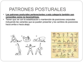 PATRONES POSTURALES
• Los patrones posturales pertenecientes a esta categoría también son
conocidos como no locomotrices.
• Tienen que ver con la estabilización o mantención de posiciones corporales
incluyendo las variantes que se pueden presentar y los cambios de posiciones
hacia arriba o hacia abajo.
 