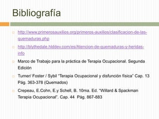 Bibliografía
   http://www.primerosauxilios.org/primeros-auxilios/clasificacion-de-las-
    quemaduras.php
   http://blythedale.hlddev.com/es/Atencion-de-quemaduras-y-heridas-
    info
   Marco de Trabajo para la práctica de Terapia Ocupacional. Segunda
    Edición
   Turner/ Foster / Sybil “Terapia Ocupacional y disfunción física” Cap. 13
    Pág. 363-378 (Quemados)
   Crepeau, E.Cohn, E.y Schell, B. 10ma. Ed. “Willard & Spackman
    Terapia Ocupacional”. Cap. 44 Pág. 867-883
 