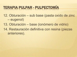 12. Obturación – sub base (pasta oxido de zinc
– eugenol)
13. Obturación – base (ionómero de vidrio)
14. Restauración definitiva con resina (piezas
anteriores).
TERAPIA PULPAR - PULPECTOMÍA
 