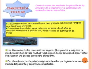 Construir carne viva mediante la aplicación de los
principios de la ingeniería y la combinación de
materiales inertes con células
Las técnicas actuales para sustituir órganos (trasplantes y máquinas de
diálisis renal) han salvado muchas vidas, siguen siendo soluciones imperfectas
que suponen una pesada carga para el paciente.
Por el contrario, los tejidos biológicos obtenidos por ingeniería se crean a la
medida del paciente y son inmunocompatibles.
 