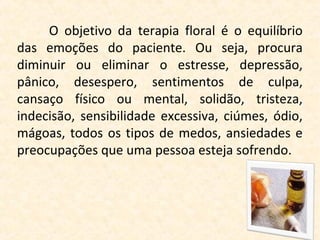O  objetivo  da  terapia  floral  é  o  equilíbrio 
das  emoções  do  paciente.  Ou  seja,  procura 
diminuir  ou  eliminar  o  estresse,  depressão, 
pânico,  desespero,  sentimentos  de  culpa, 
cansaço  físico  ou  mental,  solidão,  tristeza, 
indecisão,  sensibilidade  excessiva,  ciúmes,  ódio, 
mágoas,  todos  os  tipos  de  medos,  ansiedades  e 
preocupações que uma pessoa esteja sofrendo.
 
