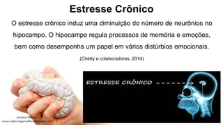 Estresse Crônico
O estresse crônico induz uma diminuição do número de neurônios no
hipocampo. O hipocampo regula processos de memória e emoções,
bem como desempenha um papel em vários distúrbios emocionais.
(Chetty e colaboradores, 2014)
 