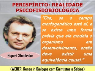 PERISPÍRITO: REALIDADE
   PSICOFISIOBIOLÓGICA
                      “Ora, se o campo
                      morfogenético está aí, e
                      se existe uma forma
                      prévia que ele modela o
                      organismo             em
                      desenvolvimento, então
Rupert Sheldrake      deve     existir     uma
                      equivalência causal.”
 (WEBER, Renée in Diálogos com Cientistas e Sábios)
 