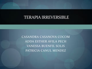 TERAPIA IRREVERSIBLE



CASANDRA CASANOVA COCOM
  ADDA ESTHER AVILA PECH
   VANESSA BUENFIL SOLIS
  PATRICIA CANUL MENDEZ
 